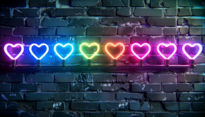 Vibrant neon hearts on dark brick wall   romantic symbolism for valentine s day celebration