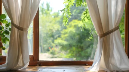 A sunlit window adorned with flowing curtains opens up to reveal a vibrant, lush green garden, creating a serene and refreshing atmosphere perfect for any summer day.