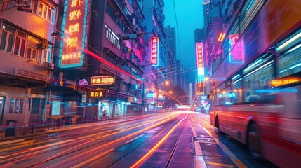 Neon Lights Illuminate a Busy Hong Kong Street