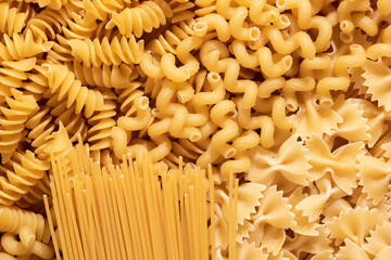 Variety of types of raw Italian pasta, top view