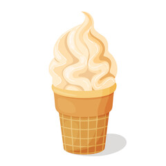 Creamy vanilla ice cream in waffle cup. Delicious dessert Cool refreshing dessert Hand drawn flat style isolated cheerful and summery appearance, whipped frozen vanilla cream. Vector illustration