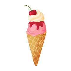 Cherry Ice Cream with whipped cream and syrup in a waffle cone. Ripe berry Cool refreshing dessert Hand drawn flat style isolated cheerful and summery appearance. Vector illustration