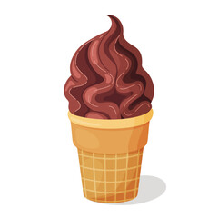 Chocolate ice cream in waffle cup. Delicious dessert Cool refreshing dessert Hand drawn flat style isolated cheerful and summery appearance, whipped frozen chocolate cream. Vector illustration