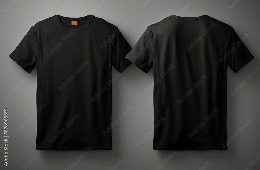 Sticker Set blank black shirt mock up template, front and back view, isolated on gray background, plain t-shirt mockup