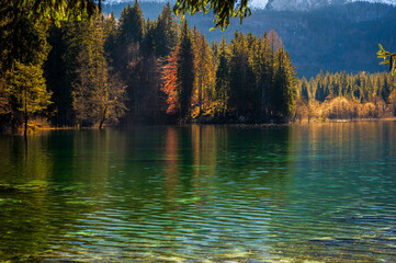 Morning in the Fusine lakes valley. Autumn reflections.