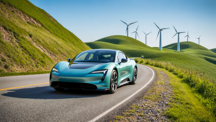 Fototapeta premium Illustration of a conceptual electric car in a green hilly landscape, curved and winding road layout with wind turbines in the background, concept of green energy from sustainable sources