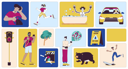 Fototapeta premium Dangerous everyday situations bento grid illustration set. Dangers accidents 2D vector image collage design graphics collection. Multicultural adult people unsafe flat characters moodboard layout
