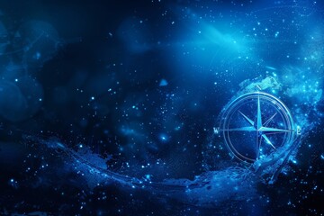 Abstract Glowing Blue Compass Over a Sparkling World Map, Navigation and Global Exploration Concept
