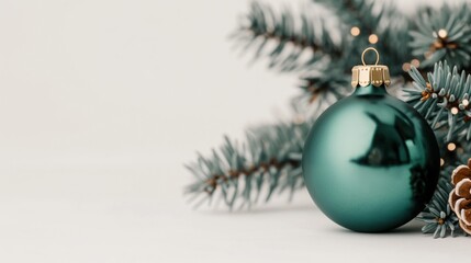 Christmas pine branch with a teal ornament on a white background. Christmas and New Year festive concept. Template for greeting card, invitation, banner with copy space.