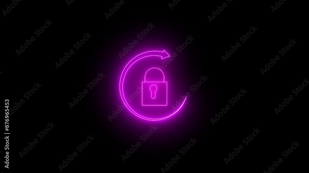 Poster digital neon circle cybersecurity lock icon animation on isolated black background