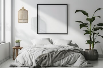 Minimalist bedroom with blank wall frame mockup above bed