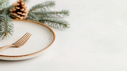 Stacked ceramic plates with golden fork and Christmas decoration on white background. Christmas and New Year festive concept. Template for greeting card, invitation, banner with copy space.