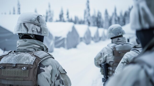 Winter guard at a resource depot, freezing temperatures, snow-covered ground, steadfast protection and resource management in harsh conditions