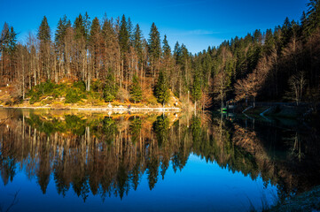 Morning in the Fusine lakes valley. Autumn reflections.