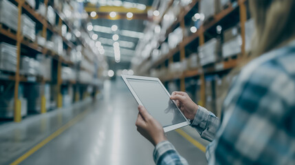 Hands of a business professional using a tablet to review factory reports, set against a blurred warehouse background, highlighting technology in business management.