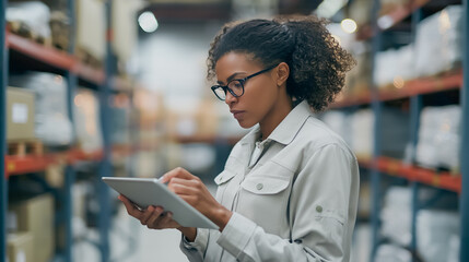 Focused business hands using a tablet to review factory data, set against a blurred warehouse backdrop, showcasing modern business management and technology integration.