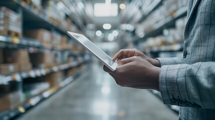 Hands of a business professional using a tablet to review factory reports, set against a blurred warehouse background, highlighting technology in business management.