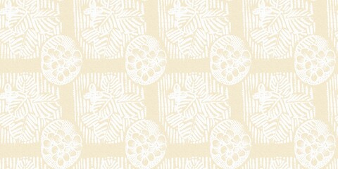 Obraz premium Modern white on cream lace effect wedding border texture. Soft tonal linen openwork block print with subtle hand drawn lattice damask printed fabric banner edge trim. 