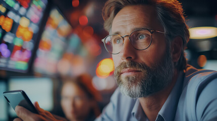 Happy manager assisting employee with work plan on tablet, stock market and financial trading themes, busy office