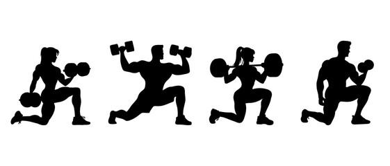 Vector bodybuilding silhouettes. Sport man weight lifting in different pose. Collection of black silhouettes of male and female bodybuilders Illustration icon.