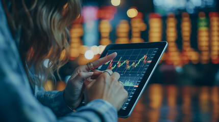 Busy colleagues working with digital tablet, talking in office, stock market and financial trading themes, professional setting, sharp focus