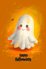 Obraz premium Cute smiling ghost on an orange background with 