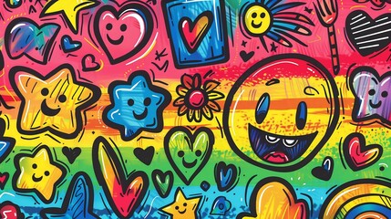 Obraz premium A collection of hand-drawn mark icons in vector style on a vibrant rainbow background, featuring playful designs like stars, hearts, and smiley faces