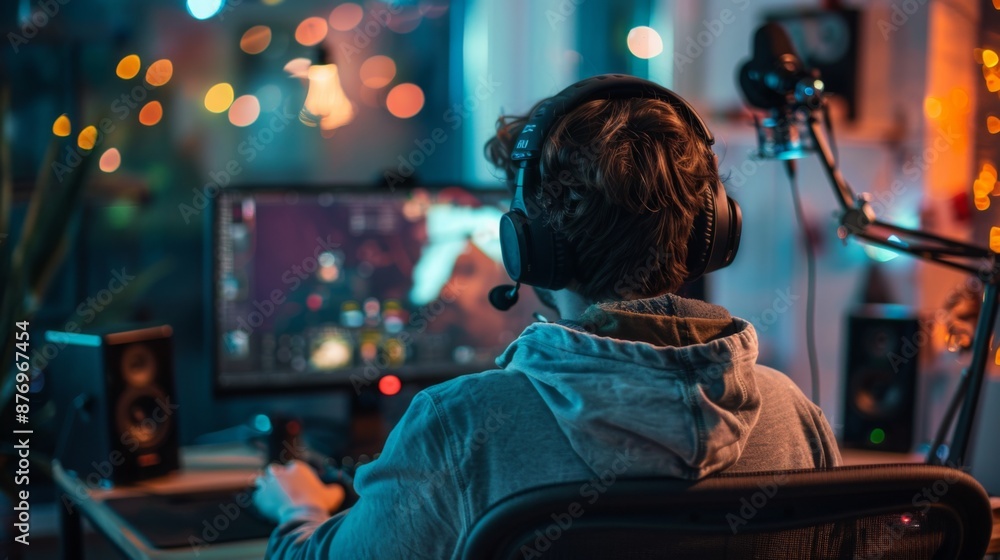 Poster a gamer sits at their computer, wearing headphones, while playing a video game. they are focused on 