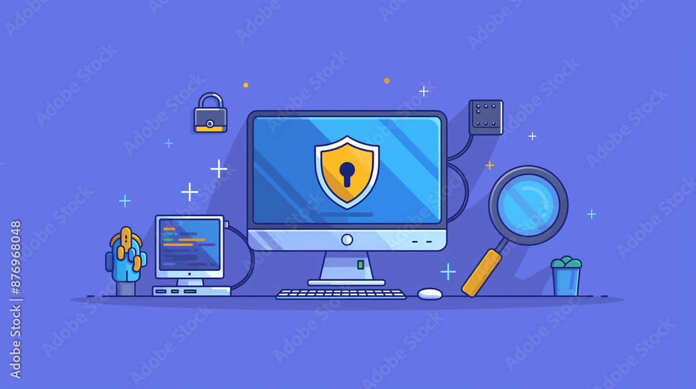 Poster computer with a security shield icon on the screen, purple background with tech elements.