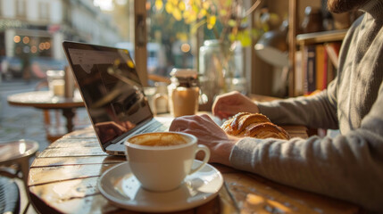Fototapeta premium A man is working on his laptop in a cafe. There is a cup of coffee and a pastry on the table. This image represents the concept of freelancing and self-employment.
