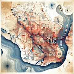 Obraz premium Stylish Red City Map from a Minimalistic Top View Perspective