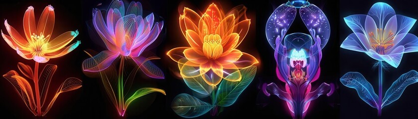 Fototapeta premium Futuristic flowers, neon petals, holographic pollination, sci-fi botanical illustration, vibrant colors, high detail