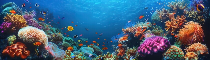 Obraz premium Vibrant coral reef teeming with colorful fish, underwater scene, high detail, deep blue ocean, realistic illustration
