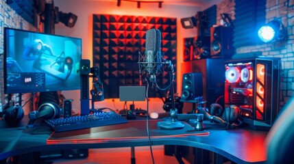 A gaming setup with a microphone, computer, and various other peripherals. The room is lit with colorful lights and has acoustic panels on the wall.