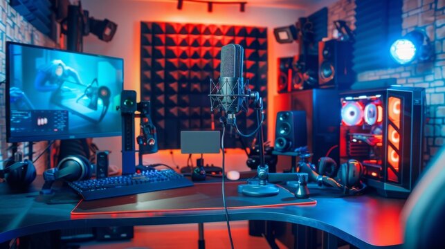A gaming setup with a microphone, computer, and various other peripherals. The room is lit with colorful lights and has acoustic panels on the wall.