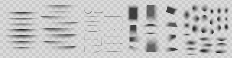 Set of realistic shadow effect on a transparent background different shapes, page separation vectors.