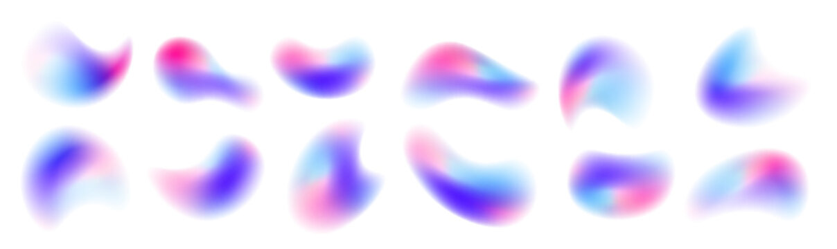 Iridescent chrome drops or hologram irregular freeform organic shapes. Color gradient circle backgrounds, abstract colors blend mesh with soft neon light, vector shapes. PNG