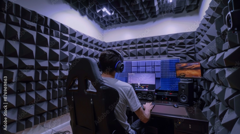 Poster a young man wearing headphones sits in a soundproof room, facing a computer screen with a game displ