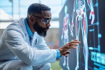 Beautiful male athlete with a well-groomed beard wearing eyeglasses, utilizing an AI-powered holographic screen to diagnose and treat his knee injury on the field.