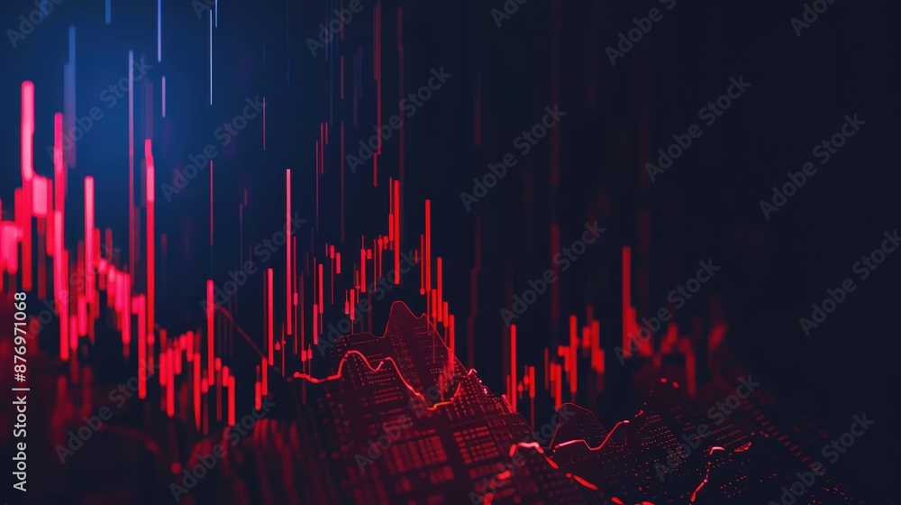 Poster digital abstract with red and blue lines, possibly representing data or a graph, with a dark backgro