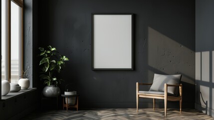 Mock up poster frame in dark home modern interior
