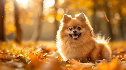 Obraz premium A cute smiling Pomeranian spitz in fall forest on sunny day