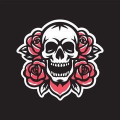 Skull head with rose flower.vector illustration isolated on black background