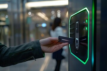Close-up of a beautiful person's hand holding a holographic key card next to a futuristic AI security system.