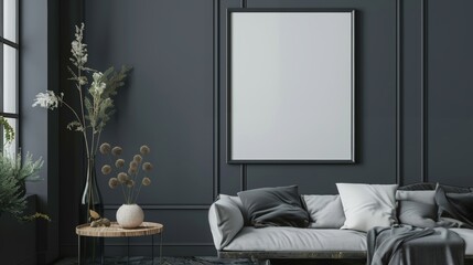 Mock up poster frame in dark living room interior background, modern style