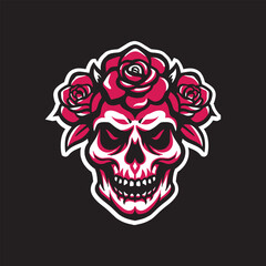 Skull head with rose flower.vector illustration on black background