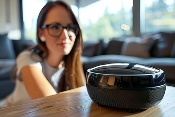 Close-up of sleek holographic smart speaker on modern futuristic furniture, controlled by AI voice assistant with beautiful woman wearing eyeglasses in the background.