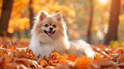Fototapeta premium A cute smiling Pomeranian spitz in fall forest on sunny day