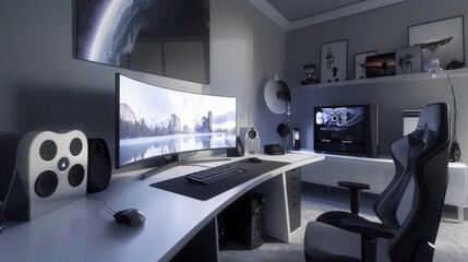 A modern gaming setup with a curved monitor, keyboard, mouse, and gaming chair. The desk is white and has a black mousepad.