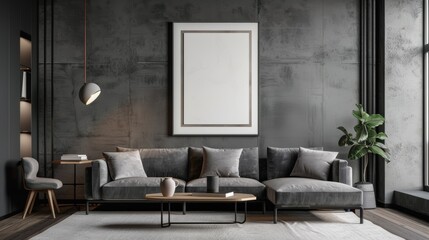 Mock up poster frame in dark living room interior background, modern style